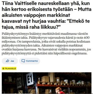 Kuva lehtiuutisen otsikosta: Tiina Vaittiselle naureskellaan yhä, kun hän kertoo erikoisesta työstään – Mutta aikuisten vaippojen markkinat kasvavat nyt hurjaa vauhtia: ”Ettekö te tajua, missä raha liikkuu?”