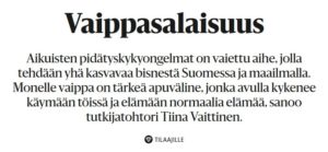 Kuva lehtiotsikosta: Vaippasalaisuus Aikuisten pidätyskykyongelmat on vaiettu aihe, jolla tehdään yhä kasvavaa bisnestä Suomessa ja maailmalla. Monelle vaippa on tärkeä apuväline, jonka avulla kykenee käymään töissä ja elämään normaalia elämää, sanoo tutkijatohtori Tiina Vaittinen.
